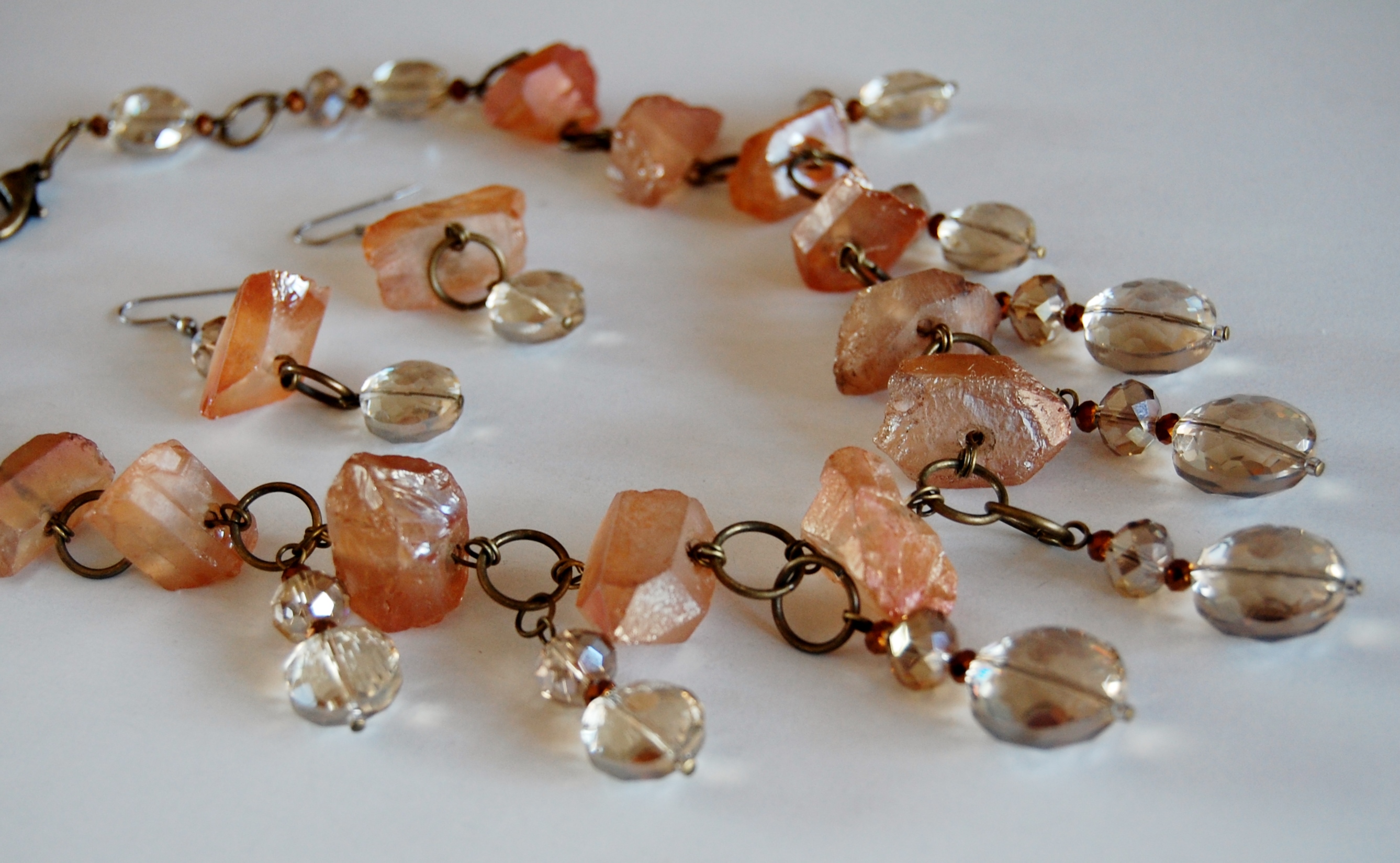 PEACH QUARTZ AND CITRINE-HUED CRYSTAL DROPS NECKLACE SET